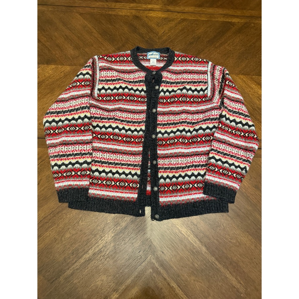 Pendleton Originals Shetland Wool Fair Isle Cardigan Sweater Red Grey Large